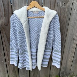 Altar’d State Teddy Sherpa Draped Cardigan Sherpa Printed Shacket With Hood